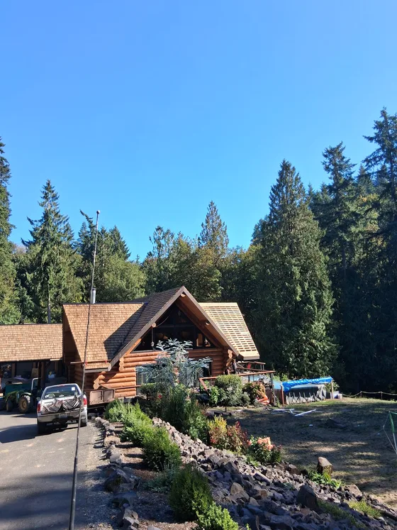 Log cabin with new cedar shake roof partially installed